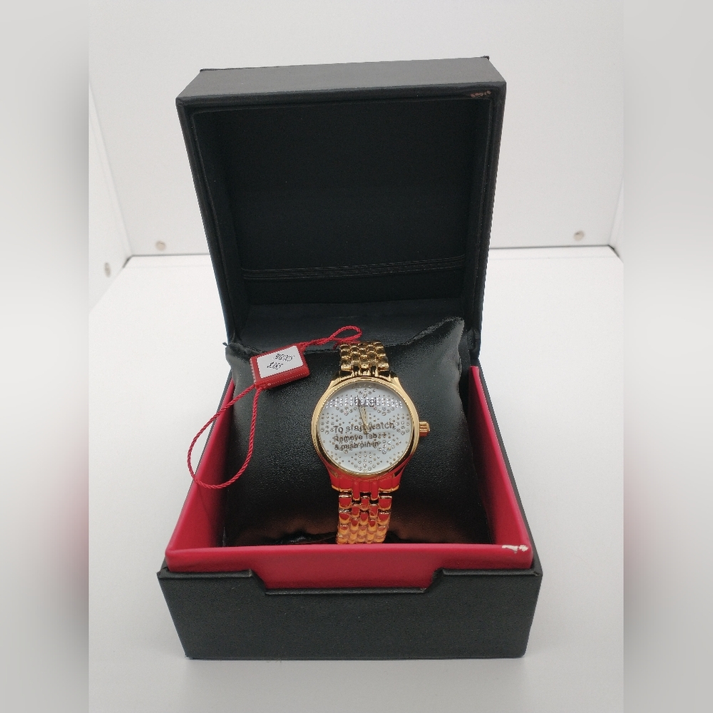 Burgi Women's Watch Gold Swarovski Crystals Wristwatch Luxury NWT Paperwork Box